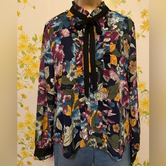 NWOT hate monde floral print tie neck long sleeve blouse size Medium - Picture 7 of 13
